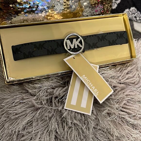 Michael kors mk signature black belt s/m 1”thick leather crystal diamond bling - Picture 1 of 5